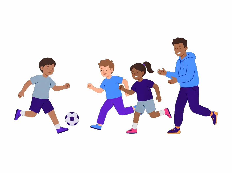 Illustration: Kinder spielen zusammen Fußball (KI-generierte Illustration)