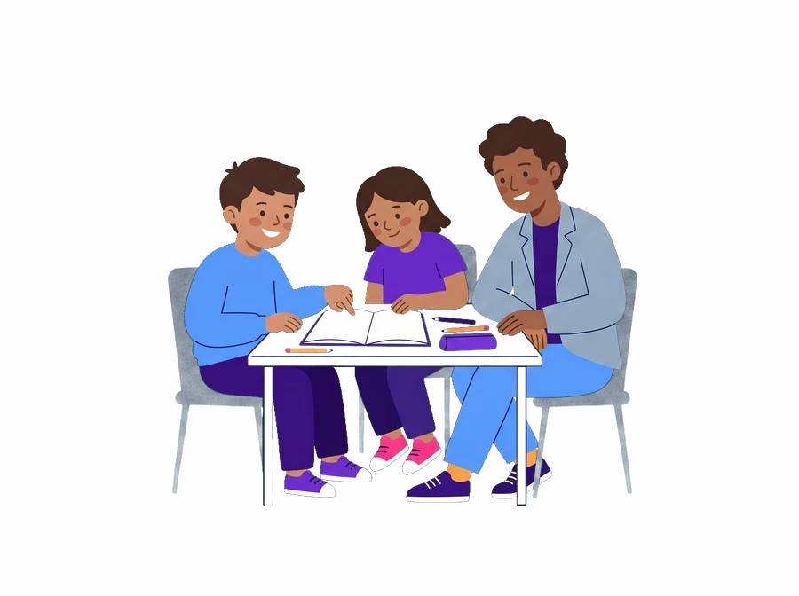 Illustration: Kinder lernen mit einer Lernbegleiterin (KI-generierte Illustration)
