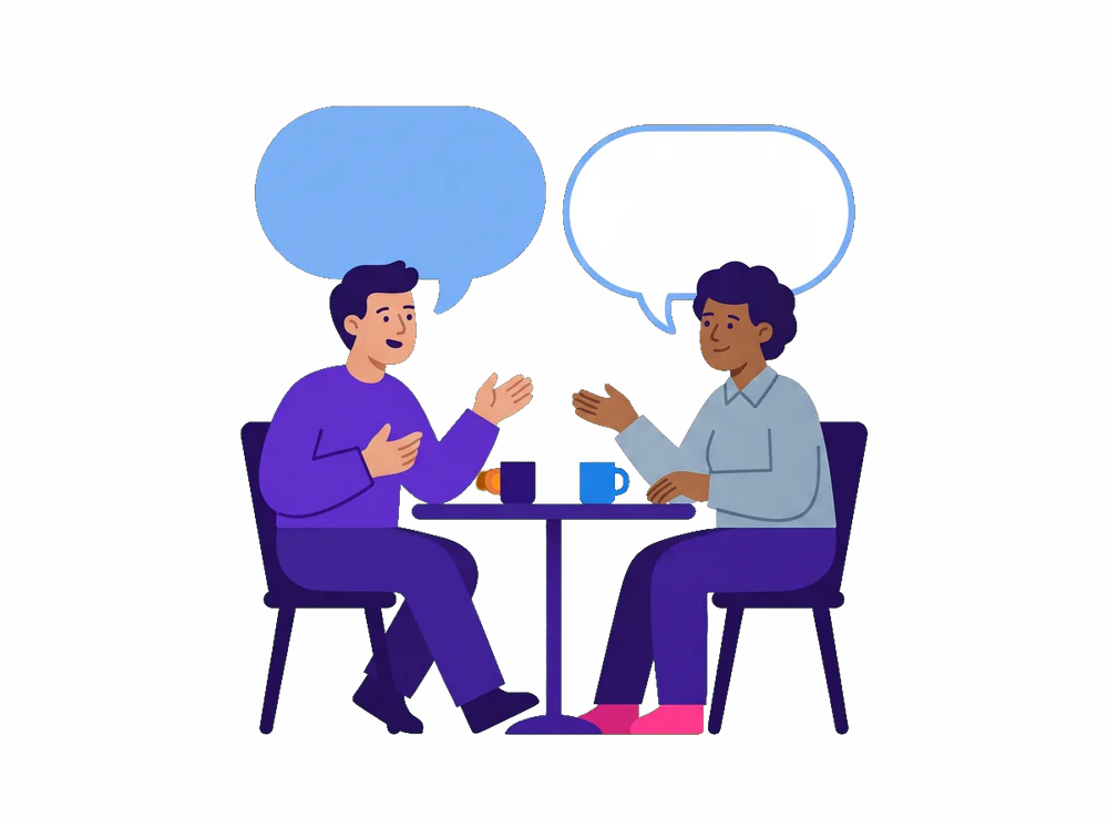 Illustration: Zwei Menschen im Gespräch mit Sprechblasen
