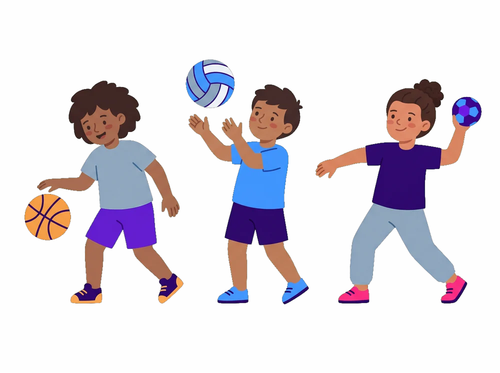 Illustration: Kinder mit Basketball, Volleyball und Handball