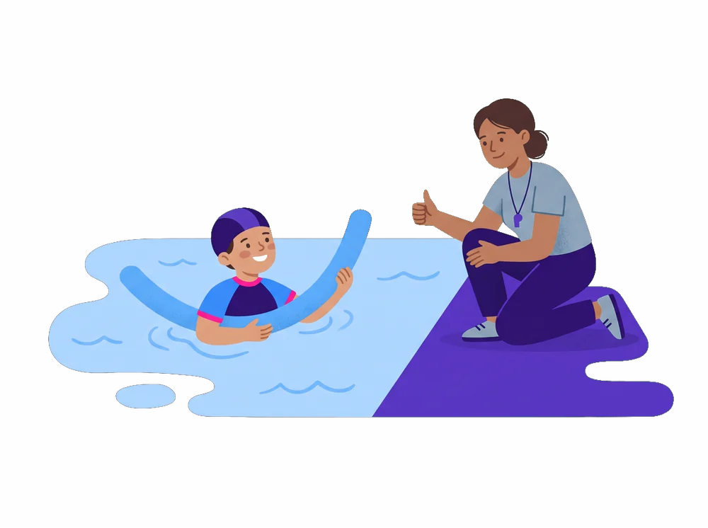 Illustration: Kind mit Schwimmnudel im Wasser, Trainerin am Beckenrand