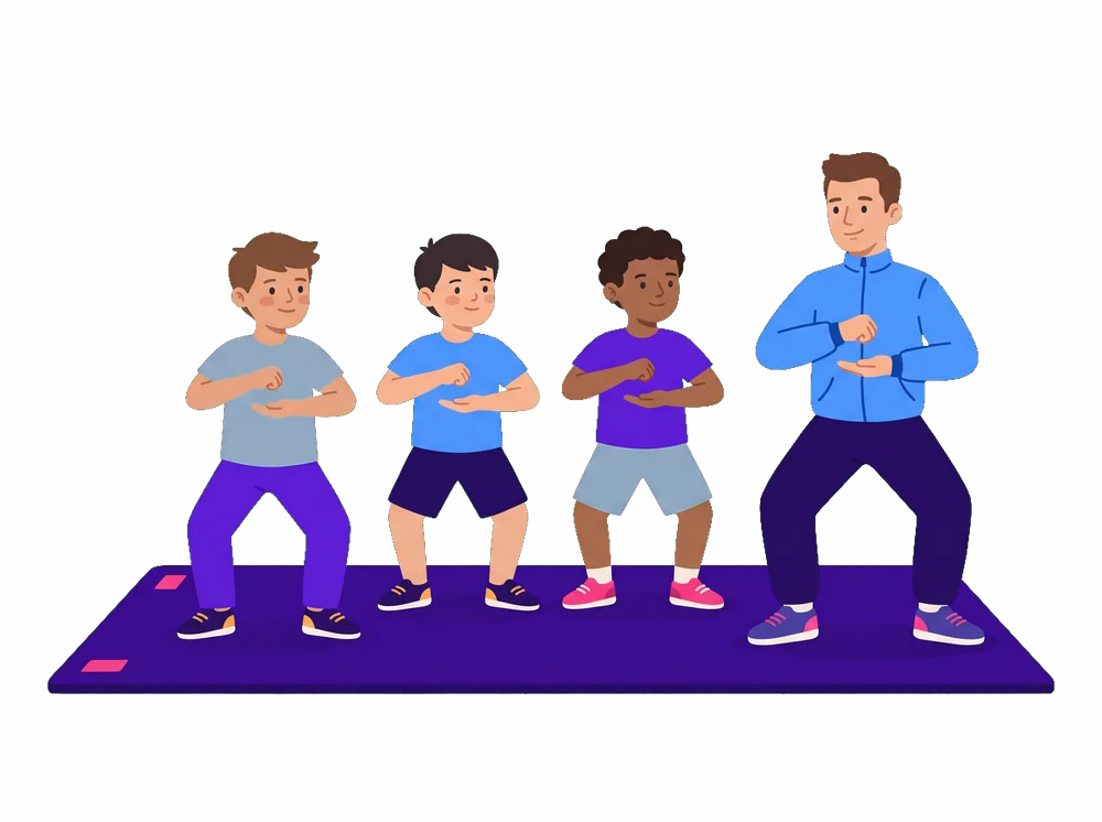 Illustration: Jungen üben auf einer Matte eine ruhige Kampfkunst-Haltung